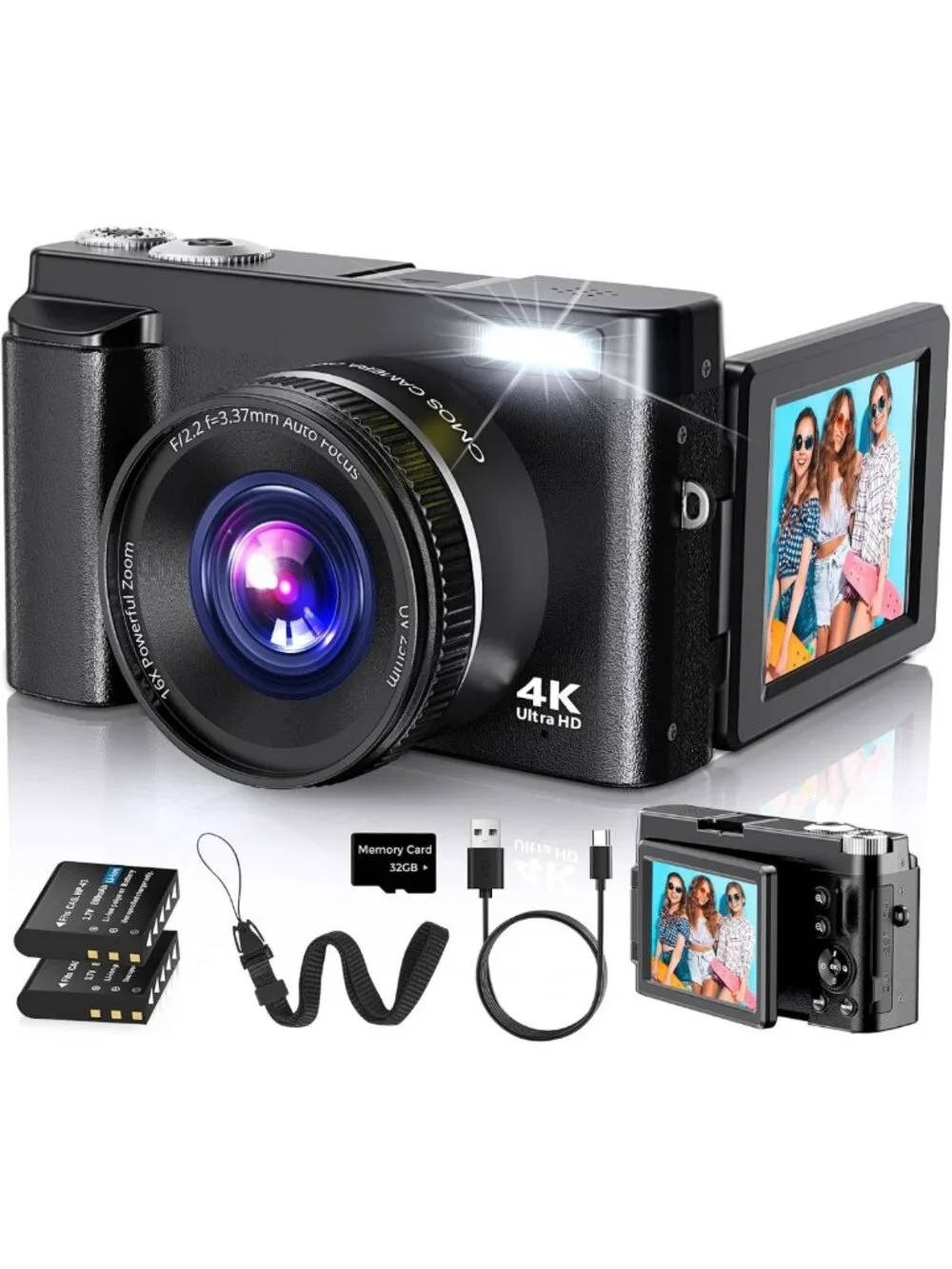 48MP 4K Digital Vlogging Camera with Autofocus, 180° Flip Screen, 16X Zoom, 2